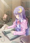  ahoge bespectacled blurry book closed_eyes crescent crescent_hair_ornament cup depth_of_field dress glasses hair_ornament hair_ribbon koakuma light_rays minigirl multiple_girls patchouli_knowledge puem purple_hair quill red_hair ribbon sitting sleeping sunbeam sunlight teacup touhou 