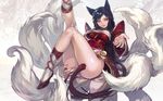  ahri animal_ears aoin black_hair breasts censored convenient_censoring covered_nipples facial_mark fox_ears fox_tail hands highres korean_clothes large_breasts league_of_legends leg_lift legs lips long_hair multiple_tails naughty_face no_panties smile solo tail thighs whisker_markings yellow_eyes 