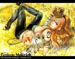  1girl bikini_top breasts crown erect_nipples food fruit gold jewelry jinnai_tsukasa large_breasts legs_crossed nami nami_(one_piece) one_piece orange orange_hair sitting solo tattoo 