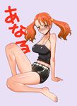  anjou_naruko ano_hi_mita_hana_no_namae_wo_bokutachi_wa_mada_shiranai. barefoot belt blush breasts camisole cleavage large_breasts navel orange_eyes orange_hair sanazura_hiroyuki shorts solo sweat twintails 