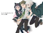  2boys akira_hou backpack bad_id bad_pixiv_id bag black_legwear brown_hair danganronpa green_eyes grey_eyes hair_ornament hairclip hinata_hajime hood hoodie jumping komaeda_nagito multiple_boys nanami_chiaki necktie open_mouth pink_eyes school_uniform super_danganronpa_2 thighhighs translated 