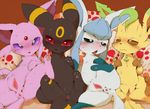  blush butt censored dagasi eeveelution espeon female feral glaceon leafeon looking_at_viewer lying nintendo on_back pawpads paws pok&#233;mon pok&eacute;mon pussy sweat tears umbreon video_games 