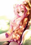  against_tree animal_ears blush breasts cat_ears cat_tail highres hood hoodie large_breasts long_hair looking_at_viewer naked_hoodie no_bra original pink_hair shia_flatpaddy sitting smile solo sunlight syroh tail tree yellow_eyes 