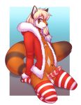  &lt;3 2018 anthro biped blonde_hair bow braided_hair clothing digital_media_(artwork) erection fur gift_wrapped girly hair kneeling legwear lockworkorange long_hair looking_at_viewer male mammal orange_fur penis penis_bow penis_ribbon purple_eyes red_panda ribbons simple_background smile stripes thigh_highs 