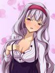  blush breasts cleavage dress hairband highres idolmaster idolmaster_(classic) large_breasts long_hair mei_ichi open_mouth pink_eyes shijou_takane silver_hair solo 