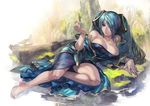  aoin aqua_hair bare_shoulders barefoot breasts bug butterfly gradient_hair highres insect large_breasts league_of_legends long_hair lying multicolored_hair on_side soaking_feet solo sona_buvelle twintails very_long_hair water 