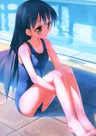  :o absurdres barefoot black_hair blue_swimsuit blush braid brown_eyes collarbone drain_(object) feet highres leg_hug long_hair one-piece_swimsuit original pool poolside reflection scan school_swimsuit sitting solo swimsuit takoyaki_(roast) tiles 