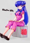  bad_id bad_pixiv_id bell blue_eyes blue_hair bow box breasts capri_pants character_name chinese_clothes double_bun flats grey_background hair_bell hair_bow hair_ornament koha_(cgcat) long_hair medium_breasts pants pink_pants ranma_1/2 shampoo_(ranma_1/2) sitting smile solo typo 