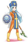  1girl blue_hair bodysuit boots breasts chunsoft dragon_quest dragon_quest_iii enix gloves hat long_hair mitre mo-fu priest_(dq3) red_eyes shield sideboob simple_background skin_tight small_breasts solo standing tabard weapon white_background 