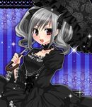  asahana_jun black_dress black_umbrella blush dress idolmaster idolmaster_cinderella_girls kanzaki_ranko long_sleeves open_mouth puffy_sleeves red_eyes short_hair silver_hair solo twintails umbrella wide_sleeves 