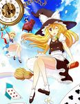  :d ;d alice_in_wonderland alice_margatroid animal_ears blonde_hair bobby_socks bow braid broom broom_riding brown_hair bunny_ears card chain chair cloud day dress flower frilled_dress frills hair_bow hat inaba_tewi kirisame_marisa long_hair looking_at_viewer mary_janes missnips multiple_girls one_eye_closed open_mouth panties pantyshot pantyshot_(sitting) rainbow roman_numerals shoes sidesaddle sitting sky smile socks touhou underwear watch white_panties witch witch_hat 