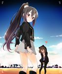  3: =_= alternate_hairstyle black_eyes brown_eyes brown_hair closed_eyes highres hirasawa_yui hood hoodie jacket k-on! long_hair minimaru miniskirt multiple_girls nakano_azusa pantyhose ponytail short_hair skirt 