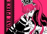  1girl bangs capelet copyright_name crown female fur_trim knees_to_chest long_hair long_sleeves one_piece patterned_legwear perona pink pink_hair rien_(sonidori) short_cape solo striped striped_legwear title_drop twintails two-tone_stripes 