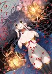  afloat_lantern black_hair black_legwear breasts lantern long_hair looking_at_viewer lying md5_mismatch medium_breasts nipples no_panties on_back original partially_submerged petals rose_petals solo thighhighs very_long_hair water yadapot yellow_eyes 