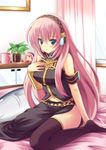  blue_eyes blush headset long_hair megurine_luka nanashi_(soregashi) o3o o_o pink_hair sitting solo takoluka thighhighs tuna very_long_hair vocaloid wariza 