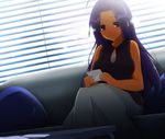  3a07 bare_shoulders blue_hair breasts brown_eyes couch dress idolmaster idolmaster_(classic) large_breasts long_hair miura_azusa photo_(object) sitting smile solo van-s 
