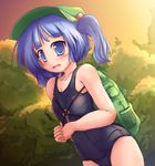  backpack bag blue_eyes blue_hair hair_bobbles hair_ornament hat highres kawashiro_nitori key lzh one-piece_swimsuit school_swimsuit short_hair solo swimsuit touhou twintails two_side_up 