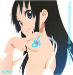  akiyama_mio album_cover bare_shoulders black_hair bodypaint character_single cover dress grey_eyes heart highres hime_cut horiguchi_yukiko k-on! long_hair official_art reference_work scan scan_artifacts simple_background solo v 