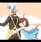  1girl accelerator ahoge amamiya_hisui bad_id bad_pixiv_id brown_hair closed_eyes dress hug last_order polka_dot smile to_aru_majutsu_no_index white_hair 