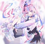  1girl @_@ ahoge angel_wings asymmetrical_legwear bandaid bandaid_on_knee bandaid_on_leg black_choker black_shirt black_skirt black_tank_top black_wings blue_hair blurry blurry_background blush choker cross cross_hair_ornament crossed_bandaids ear_piercing emocosine fang feathered_wings floating from_side full_body grey_skirt hair_ornament hairclip halo hand_up heart heart_hair_ornament highres hood hood_down hooded_jacket hoodie jacket jewelry knees_up long_hair long_sleeves looking_at_viewer low_wings multicolored_hair multiple_wings nail_polish official_art open_mouth phone piercing pill pink_eyes pink_hair pink_jacket pink_nails pleated_skirt puffy_long_sleeves puffy_sleeves pulling_off_legwear purple_eyes ringed_eyes shirt shoes sitting skin_fang skirt smile sneakers socks solo striped_clothes tank_top twintails very_long_hair w wagashi928 wavy_mouth white_jacket white_wings wings x_hair_ornament 