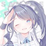  1girl ;d apron aqua_halo aris_(blue_archive) aris_(maid)_(blue_archive) artist_name black_dress black_hair black_wrist_cuffs blue_archive blue_eyes blue_ribbon blush commentary dress eyelashes frilled_apron frills halo hand_up happy highres long_hair looking_at_viewer maid maid_apron maid_headdress neck_ribbon official_alternate_costume official_alternate_hairstyle one_eye_closed open_mouth parted_bangs portrait rectangular_halo ribbon salute sample_watermark side_ponytail sidelocks simple_background smile solo watermark white_apron white_background wrist_cuffs zuu_(qq770463651) 