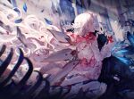  2girls arcaea black_dress black_hair black_thighhighs boots bow bug butterfly crying dated detached_wings dress dress_bow floating_hair flower garter_straps hair_flower hair_ornament highres hikari_(arcaea) hikari_(fatalis)_(arcaea) hug kneeling long_hair long_sleeves multiple_girls open_mouth outdoors pink_bow pink_flower profile red_butterfly ryuh_(asahina_neru) signature sunlight tairitsu_(arcaea) tairitsu_(tempest)_(arcaea) thighhighs very_long_hair white_boots white_dress white_hair white_wings wings 