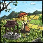  aki_minoriko barefoot chibi closed_eyes cloud day eating food fruit grapes hat marukei_(kuramaruk) onigiri solo touhou tree 