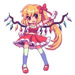  bad_id bad_pixiv_id blonde_hair bow dress fang flandre_scarlet gloves hair_bow kou_2008 long_hair lowres mary_janes pixel_art shoes side_ponytail smile solo thighhighs touhou white_legwear wings zettai_ryouiki 
