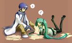  1girl blue_hair blue_scarf boots closed_eyes detached_sleeves green_eyes green_hair hatsune_miku kaito long_hair lying open_mouth paper scarf shiratama_(ck259) simple_background sitting skirt thigh_boots thighhighs twintails very_long_hair vocaloid 