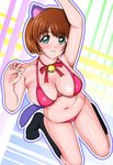  :3 animal_ears bell bikini blush bow breasts brown_hair cat_ears cat_tail choker cleavage from_above green_eyes large_breasts paw_pose ribbon shopyun short_hair smile socks solo swimsuit tail tokimeki_memorial tokimeki_memorial_4 yanagi_fumiko 