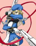  bad_id bad_pixiv_id blazblue bolverk covering_face dual_wielding gun handgun holding lowres noel_vermillion solo thighhighs weapon yuuya_(yu-ya's) 