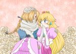  androgynous artist_request bandages blue_eyes blush braid carrying crown dress elbow_gloves flower gloves hair_over_one_eye long_hair mario_(series) multiple_girls pink_dress princess_carry princess_peach red_eyes reverse_trap sheik super_mario_bros. super_smash_bros. surcoat the_legend_of_zelda the_legend_of_zelda:_ocarina_of_time yuri 