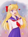  1girl ;d absurdres aino_minako artist_name bishoujo_senshi_sailor_moon blonde_hair blue_sailor_collar blue_skirt bow breast_pocket collarbone commentary cowboy_shot earrings english_commentary hair_bow half_updo hashtag-only_commentary heart highres jewelry long_hair long_sleeves merotenshi one_eye_closed pleated_skirt pocket red_bow sailor_collar school_uniform shiba_koen_middle_school_uniform signature skirt smile solo 