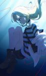  1girl absurdres black_boots black_choker black_shorts blue_eyes boots choker closed_mouth crying crying_with_eyes_open floating_hair full_body gagaku_kawa_rei highres long_hair looking_down profile rachel_gardner satsuriku_no_tenshi shirt short_shorts short_sleeves shorts smile solo striped_clothes striped_shirt tears underwater white_hair 