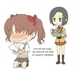  4chan arai_satomi blush brown_hair crossover drawfag green_hair hair_bobbles hair_ornament hairclip hata_ranko money multiple_girls non-web_source photo photo_(object) plaid saliva school_uniform seitokai_yakuindomo seiyuu_connection shirai_kuroko skirt socks to_aru_kagaku_no_railgun to_aru_majutsu_no_index wallet 