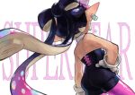  1girl absurdres arm_at_side ass black_hair bow-shaped_hair callie_(splatoon) callie_(squid_sisters_outfit)_(splatoon) detached_collar earrings food food_on_head gloves hand_on_own_hip highres hoop_earrings inkling jewelry object_on_head orly_custer pantyhose pink_pantyhose pointy_ears short_jumpsuit solo splatoon_(series) strapless_jumpsuit sushi sweatdrop tentacle_hair twintails unitard white_gloves 