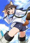  animal_ears ass bangs black_hair blue_neckwear blue_sailor_collar blue_sky blue_swimsuit breasts brown_eyes cloud condensation_trail cowboy_shot day dog_ears dog_tail eyebrows_visible_through_hair floating from_side gun hair_between_eyes hand_up happy head_tilt hips holding holding_gun holding_weapon leaning_forward legs_apart long_sleeves looking_at_viewer looking_back looking_to_the_side mecha_musume midair miyafuji_yoshika neckerchief official_art one-piece_swimsuit open_mouth outdoors outstretched_arm sailor_collar salute school_swimsuit school_uniform serafuku shirt short_hair sky small_breasts smile solo strap strike_witches striker_unit swimsuit swimsuit_under_clothes tail tail_cutout tail_through_clothes takamura_kazuhiro thighs weapon white_shirt world_witches_series 