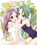  flower green_eyes green_hair hug long_hair mof_p multiple_girls one-piece_swimsuit original ponytail purple_eyes purple_hair school_swimsuit swimsuit white_school_swimsuit white_swimsuit 