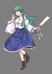  ayasaka bad_id bad_pixiv_id boots cross-laced_footwear detached_sleeves green_hair hair_ornament highres kochiya_sanae lace-up_boots long_hair smile solo touhou 