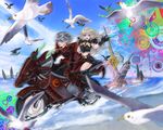  1girl absurdres bird blonde_hair blue_eyes character_request elf_(lineage_2) ground_vehicle highres lineage lineage_2 motor_vehicle motorcycle pointy_ears rokko_(leith_bhrogan) silver_hair water 