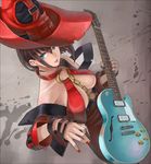  blue_eyes brown_hair chain earrings guilty_gear guitar hat highres i-no instrument jewelry looking_up metalinu mole mole_above_mouth nail_polish red_hat red_nails solo witch_hat 
