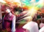  ahoge bad_id bad_pixiv_id braid breasts cross formal lens_flare long_hair medium_breasts nayuzu okazaki_yumemi red_eyes red_hair single_braid solo suit sunrise touhou touhou_(pc-98) 