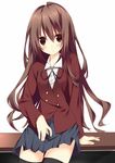  aisaka_taiga brown_eyes brown_hair kuwashima_rein long_hair school_uniform solo thighhighs toradora! zettai_ryouiki 