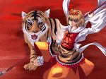  bishamonten's_spear blonde_hair hair_ornament m134 polearm shawl short_hair solo spear tiger toramaru_shou touhou weapon yellow_eyes 