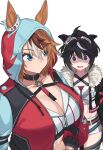  2girls ahoge animal_ears bilingual_commentary black_collar black_hair black_jacket breast_envy breasts brown_hair cleavage collar collarbone commentary contrail_(racehorse) criss-cross_halter dress ear_ornament empty_eyes english_commentary feathers flat_chest fukuro_(maruaru00) fur_trim genderswap genderswap_(mtf) groin hair_between_eyes halterneck hands_on_own_hips highres hood hood_up hooded_jacket horse_ears horse_girl jacket large_breasts mixed-language_commentary multicolored_hair multiple_girls open_clothes open_jacket original personification ponytail purple_eyes salios_(racehorse) shaded_face short_hair short_ponytail short_shorts shorts sideways_glance two-tone_hair umamusume white_background white_shorts 