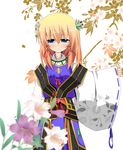  alternate_costume blonde_hair blue_eyes blush cherry_blossoms floral_print flower hair_ribbon moriya_suwako ribbon solo tassel touhou tsunsuki_(naobe009) wide_sleeves 