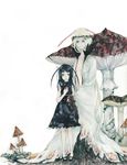  antennae black_hair blonde_hair blue_eyes dress highres jewelry long_hair multiple_girls mushroom open_clothes open_robe original pinkxxxna robe sleeveless sleeveless_dress traditional_media watercolor_(medium) 