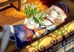  alice_margatroid blonde_hair blue_eyes capelet couch daffodil flower frills hairband looking_at_viewer lying on_back realmbw short_hair solo touhou wrist_cuffs 