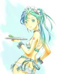  apron aqua_eyes ass back bad_id bad_pixiv_id bikini butt_crack choker earrings from_behind green_eyes green_hair hair_ornament hairclip hatsune_miku jewelry long_hair looking_back lowleg lowleg_panties multicolored_hair panties satou_kou smile solo spring_onion swimsuit tray underwear vocaloid waitress wrist_cuffs 