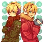  america_(hetalia) axis_powers_hetalia back-to-back bad_id bad_pixiv_id blonde_hair blue_eyes circus66 coat crossed_arms earmuffs green_eyes male_focus mittens multiple_boys plaid plaid_scarf scarf uniform united_kingdom_(hetalia) 